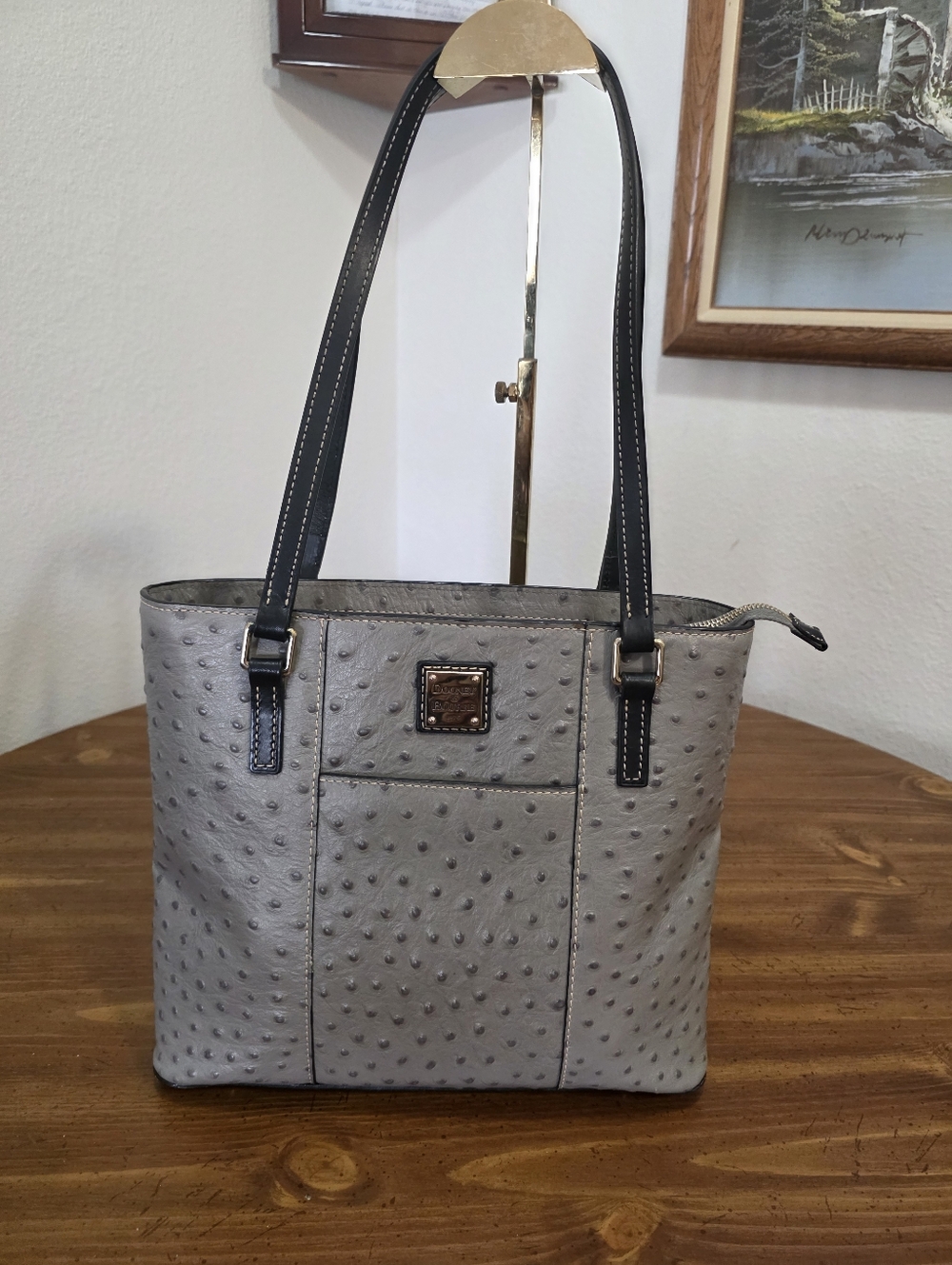Dooney & Bourke Smalll Lexington Gray Ostrich-Embossed Tote with Black Straps